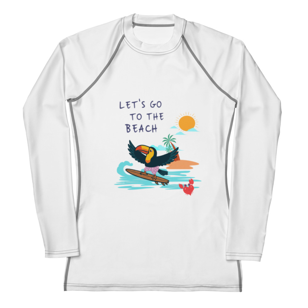 all-over-print-womens-rash-guard-white-front-699f5e8aa1ee4.jpg Letβs Go to the Beach - Image 1